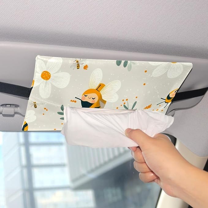 White Flower and bee (40) Car Tissue Holder, Hanging Tissue Holder in Car, Leather Car Napkin Holder for Universal Auto, Easy Use