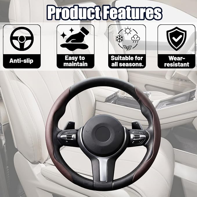 2PCS Car Steering Wheel Cover, 14.5-15" Breathable Nappa Leather Segmented Steering Wheel Protector with Non-Slip Grip, Stylish Auto Decor Accessories, Universal for Vehicles (Dark Brown)