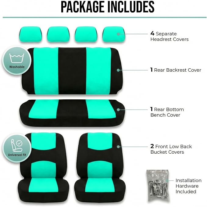 FH Group Car Seat Covers Full Set Cloth - Universal Fit Automotive Seat Covers, Low Back Front Seat Covers, Solid Back Seat Cover, Washable Car Seat Cover for SUV, Sedan and Van Mint