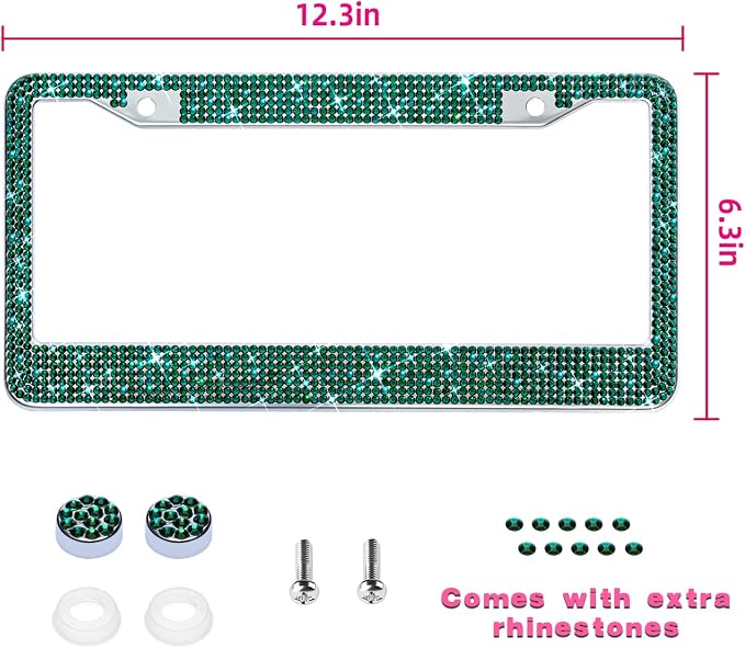 Bling License Plate Frame for Women, Sparkly Stainless Steel License Plate Frames| Over 1200 pcs 14 Facets Bedazzled Clear Glass Diamond Rhinestone Crystals w/Free Glitter Diamond 1PCS Box (Green)