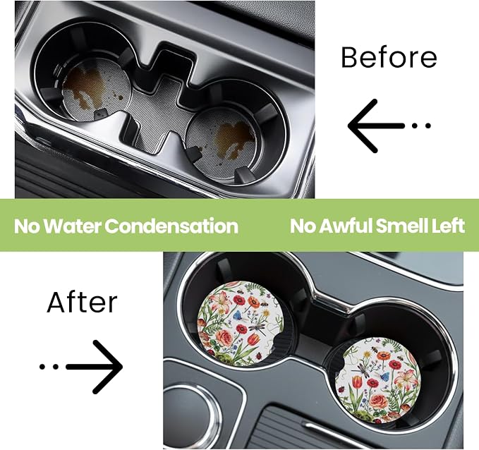 2 Pack Floral Car Coasters for Women Car Cup Holder Coasters, 2.63 Inch Anti Slip Ceramic Absorbent Coaster with Cork Base and Finger Notch, Cute Car Accessories Interior