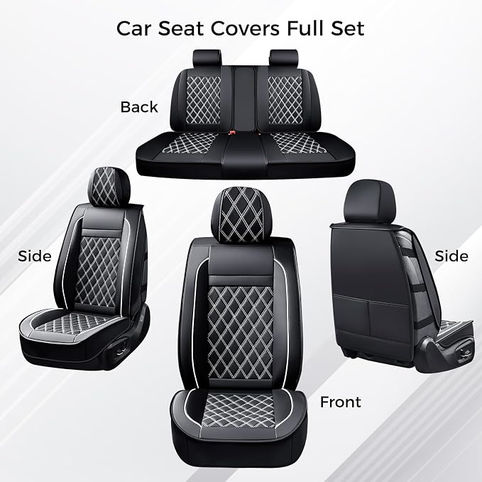 Huidasource Seat Cover 5 Layers, Car Seat Covers Full Set Faux Leather, Seat Covers for SUV, Side Open Design Airbag Pops Out, Front & Back Seats Fit for Most Cars Van Truck Etc(Full Set/Black&White)