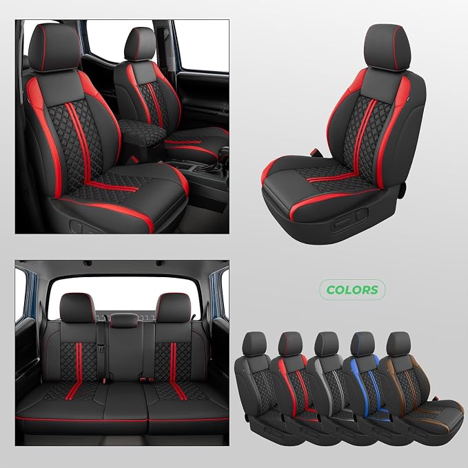 Custom Seat Covers for Tacoma 2016-2023 3rd Gen Double Cab SR5/TRD Off-Road/SR/TRD Sport/TRD PRO Full Set with Console Covers, Waterproof Leather Back and Front Seat Protectors Black Red