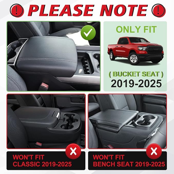 Muslogy Center Console Armrest Cover Fit for Ram 1500 2500 3500 2019-2026 Accessories, Comfort Armrest Pad Console Lid Cushion Vegan Leather 1-Inch Extra Thick, Bucket Seat ONLY (V2 Diamond Pattern)