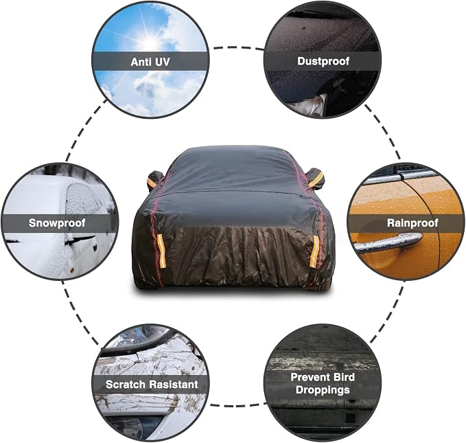 Car Cover Waterproof All Weather, 6 Layers XXL Full Exterior Covers with Zipper Cotton, Mirror Pocket. Outdoor Car Cover UV Snow Rain Wind Dust All Weather Outdoor Protection for Sedan (196-210 inch)