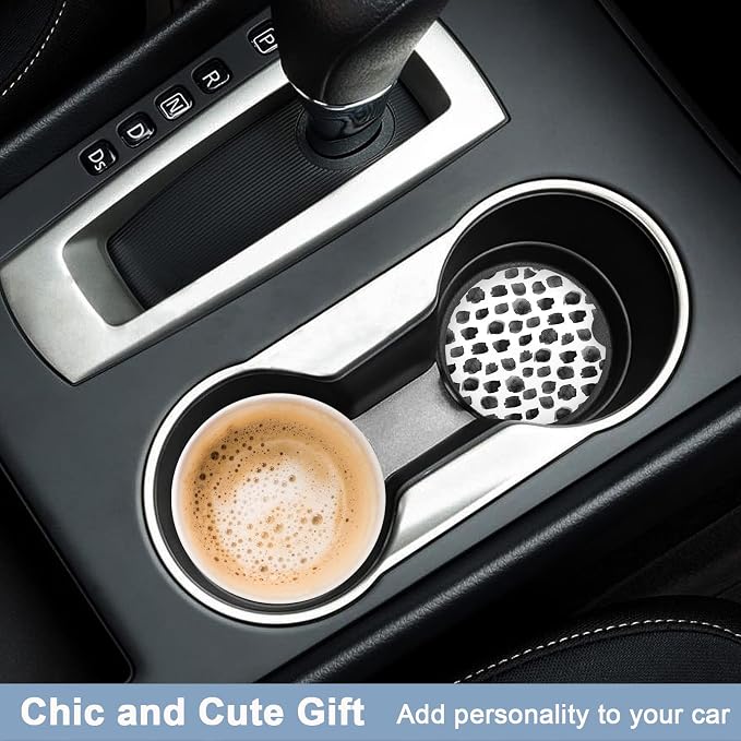 Nipichsha Car Coaster for Cup Holders, 2 Pack Absorbent Ceramic Car Cup Holder Coaster for Drinks, Cute Auto Assecories for Women, Size 2.56 in with Finger Notch & Cork Base, White Black Wave Point