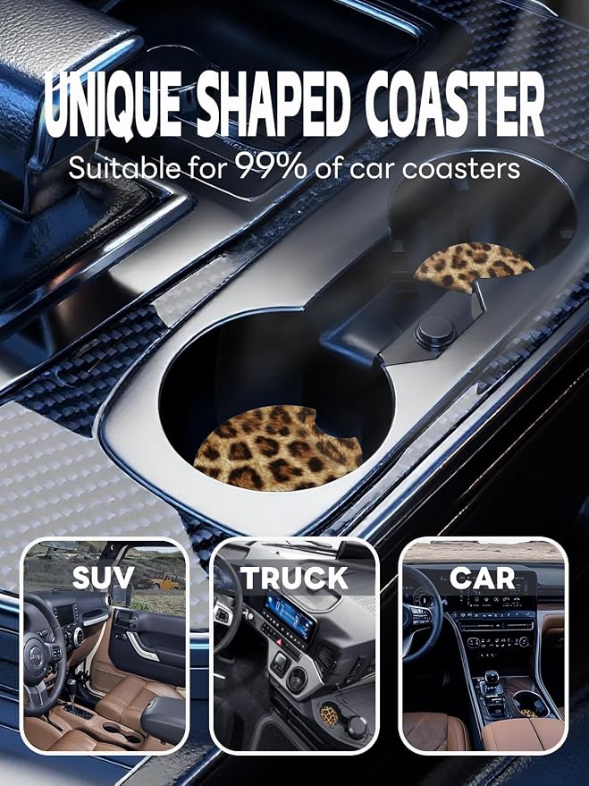 WOCOCN Car Coasters,Cup Holder Coasters for Car,2.75inch Anti Slip and Absorbent,Cute Automotive Interior Accessories for Cup Holder,Pack of 2 (Brown Leopard Print)