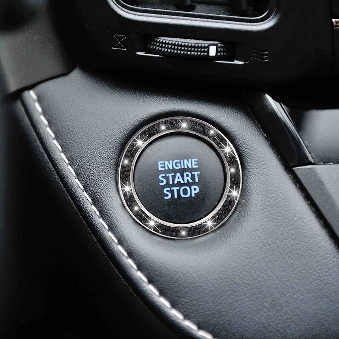 Bling Crystal Rhinestone Engine Start Ring Decals, 2 Pack Push Start Button Cover/Sticker, Key Ignition Knob Bling Ring, Sparkling Car Interior Accessories for Women (Black)