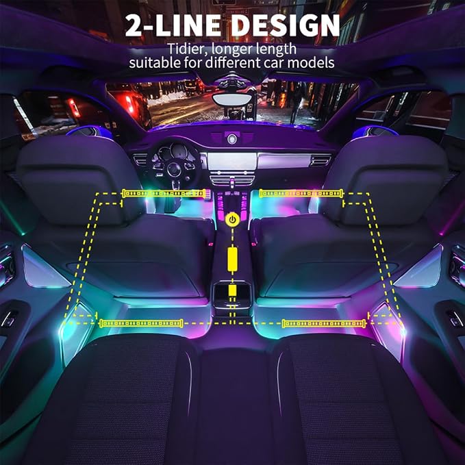 Car LED Lights,Smart Car Interior Lights with App Control,Car Atmosphere Lights,Car LED Interior Lights,Interior RGB Lights,Inside Car Lights with DIY Mode and Music Mode.