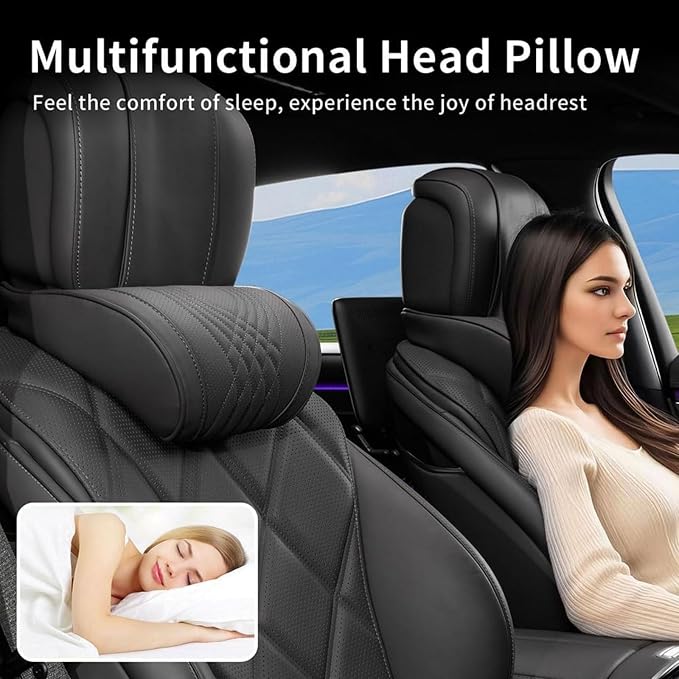 Car Neck Pillow for Driving Memory Foam Headrest Nappa Leather Head Rest for Most Cars SUV Home Office Traveling