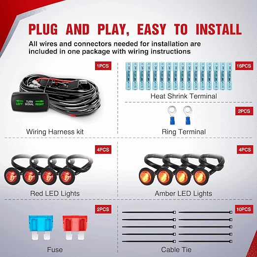 Nilight UTV ATV Turn Signal Wiring Harness Kit w/Horizontal Rocker Switch | Street Legal Flasher Relay Kits Red & Yellow Lights for Polaris Kawasaki Teryx Can Am Commander Cat Wild Green Backlight