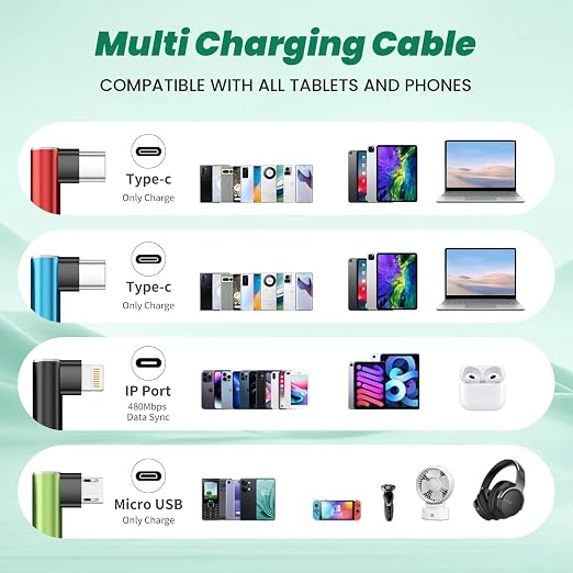 Travel Vacation Essentials USB C Multi Charging Cable, Right Angle 4 in 1 Charging Cable, Phone Charger Cords with IP/Type C/Type C/Micro Port, Compatible with Most Cell Phones and More(1Pack 5FT)