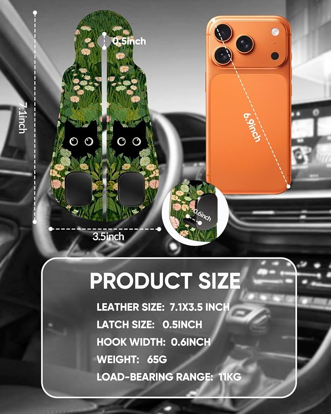 WOCOCN Purse Holder for Car, 2 Pack Heavy Duty Purse Hanger for Car, PU Leather Car Seat Hooks for Purses and Bags, Cute Grass Cat Headrest Organizer for Handbags & Backpacks