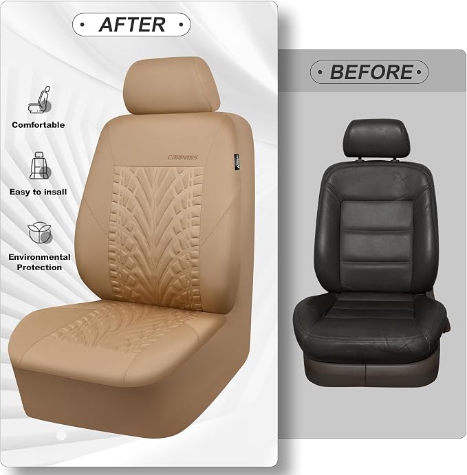 CAR PASS Car Seat Covers Two Front Only for Car, 3D Tyre Print Automotive Interior Covers, Airbag Compatible, Quick Setup Universal Fit Seat Covers for Car, Truck, SUV(All Beige)
