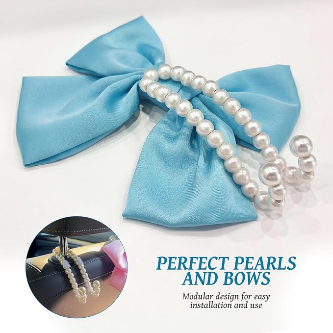 2 PCS Bow Pearl Car Seat Headrest Hook β Cute Purse Hook for Car, Girly Interior Decoration Accessories Hook Hanger, Seatback Holder for Purses & Bags, Elegant Car Organizer (Sky Blue)