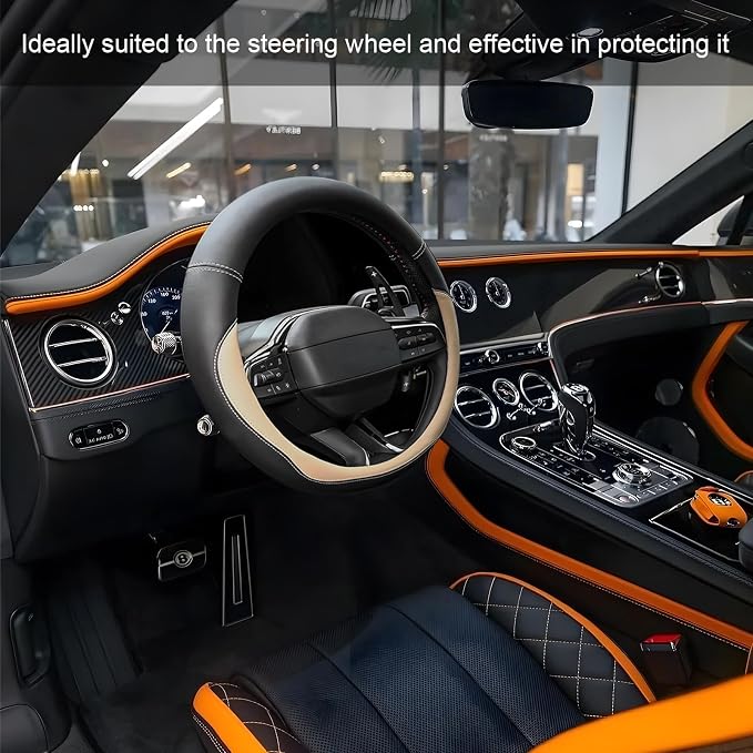 Leather Steering Wheel Cover, Anti-Slip Full Surround Car Wheel Protector with Comfortable Grip, Universal Elastic Decorative Cover Fit for 14 1/2-15 Inch Steering Wheels (Beige)