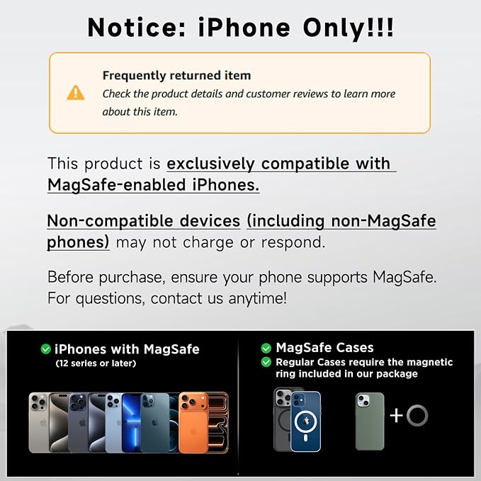 ACMEZING 15W Only for iPhone MagSafe Car Mount Charger, 360% Adjustable Aluminum Alloy Arm, Relocatable Car Phone Holder, Magnetic Wireless Fast Charging, Cell Phone Holder for All Car Models, Black