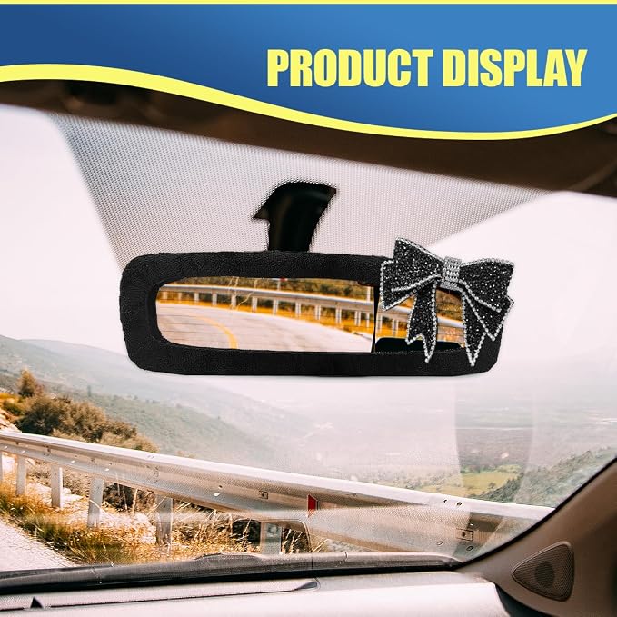 Bling Bow Car Rearview Mirror Cover, Plush Rhinestone Auto Rear View Mirror Elastic Protector, Universal Vehicle Interior Mirrors Edge Decoration Accessory for Cars, SUVs, Trucks (Diamand)