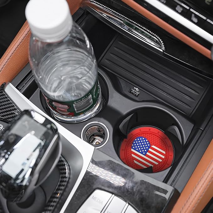 AUCELI 2 Pack Car Cup Holder Coasters, Colored American Flag US Flag Insert Car Cup Coaster, 2.75 Inch Anti Slip Shockproof Embedded Drink Mat, Vehicle Interior Decor Accessories