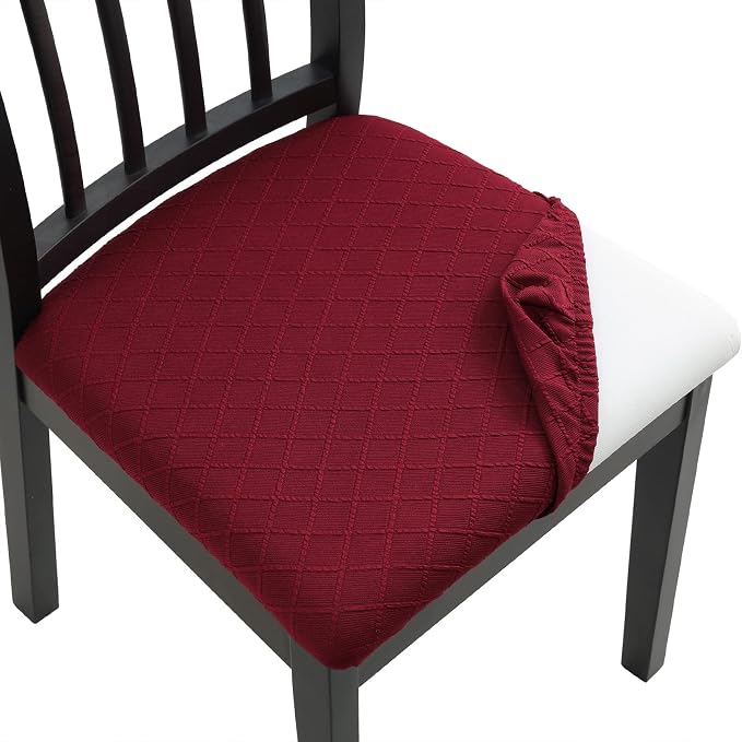 Fuloon Waterproof Seat Cushion Covers 6 PCS, Stretch Jacquard Chair Seat Covers Washable Dining Room Chair Slipcovers Removable Kitchen Cushion Protector (6, Waterproof-Wine Red)