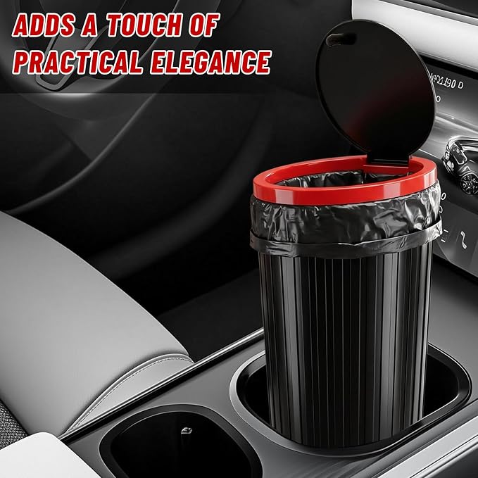 Car Trash Can with Lid, Leakproof Auto Cup Holder Garbage Can with Trash Bags, Waterproof Dustbin Container Waste Organizer for Vehicle Home Office, Car Accessories (Black & Red)