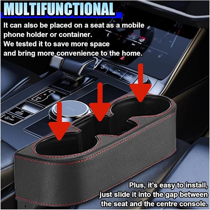 ZIMISI Car Cup Holder, Leather Front Console Gap Filler Organizer (Black) | Car Seat Gap Filler Storage Box, Multifunctional Car Cup Drink Holder, Coin Bucket, Cell Mobile Phone Holder