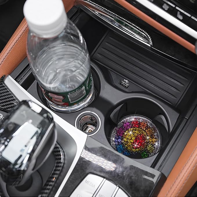 Bling Car Cup Holder Coaster, 2PCS 2.75 Inch Crystal Rhinestone Anti Slip Vehicle Drink Cup Mat for Women Girls, Auto Interior Embedded in Ornaments. Universal for SUV RV Truck (Sunflower)