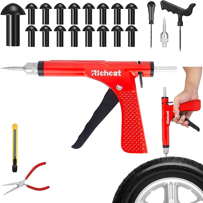 (New model in July 2026) Richcat Tubeless Tire Puncture Repair Kit with Mushroom Plug, repairs punctures and flat tires for motorcycles, cars, trucks, ATVs,Gun Puncture Repair Kit