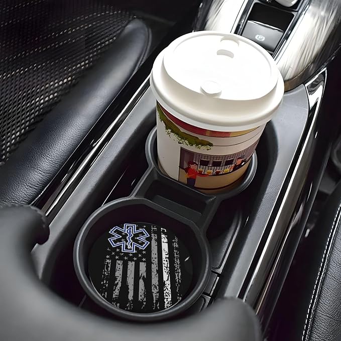 Thin White Line EMS Paramedic American Flag Absorbent Ceramic Car Coasters 2 Pack Insert Cupholder Coaster Car Cup Holder Mat with Finger Notch Anti-Slip Cork Base Drink Coasters 2.56 in