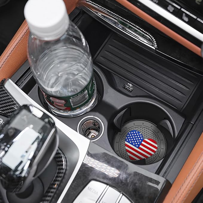 AUCELI 2 Pack Car Cup Holder Coasters, Colored American Flag US Flag Insert Car Cup Coaster, 2.75 Inch Anti Slip Shockproof Embedded Drink Mat, Vehicle Interior Decor Accessories