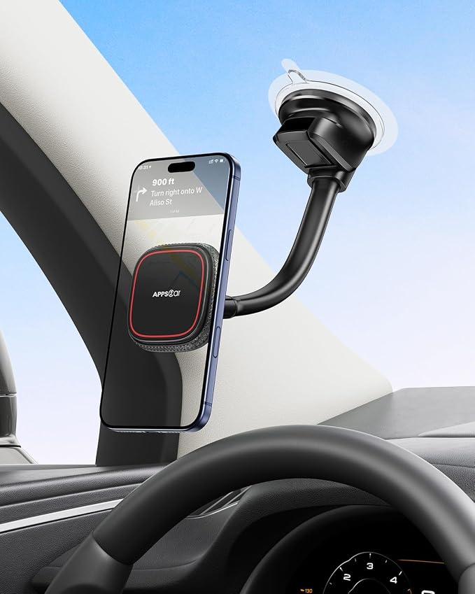 APPS2Car Upgraded for MagSafe Car Mount, Magnetic Car Phone Holder with Flexibile Gooseneck Arm, Suction Cup Holder for Windshield Window Dashboard, Fit for iPhones Smartphones