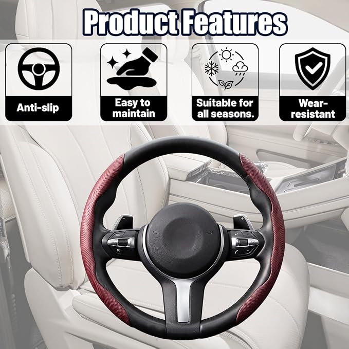 2PCS Car Steering Wheel Cover, 14.5-15" Breathable Nappa Leather Segmented Steering Wheel Protector with Non-Slip Grip, Stylish Auto Decor Accessories, Universal for Vehicles (Wine Red)
