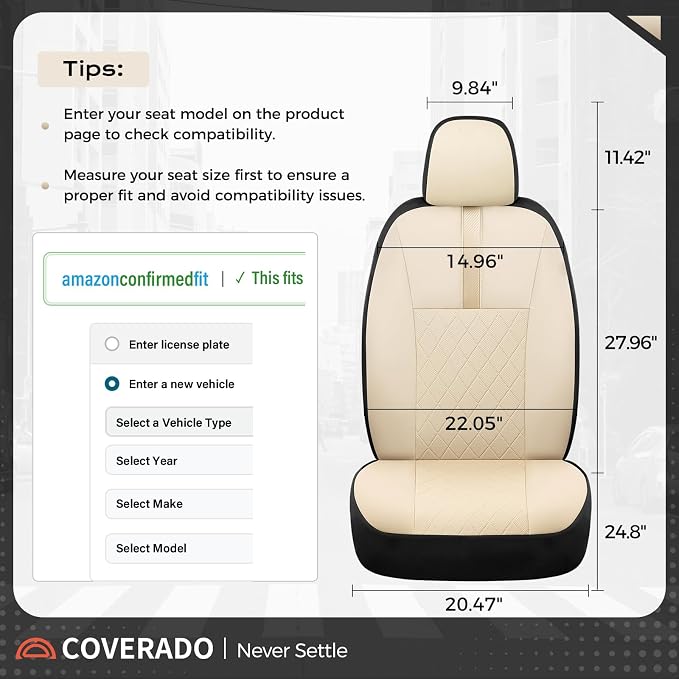 Coverado Car Seat Covers Front Pair, Automotive Leather Seat Covers for Car,Universal Fit Front Back Seat Cover, Non-Slip Waterproof Breathable Car Seat Protector