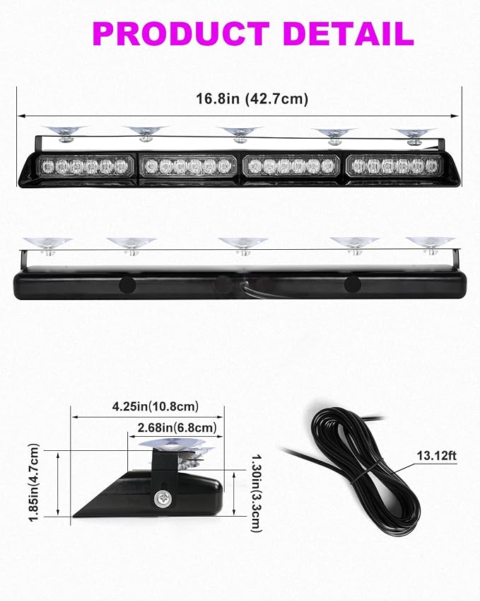 HLauto 6Z4J Emergency Dash Strobe Lights: 2x16.8 inch Purple White Safety Lights, 48 LED Flashing Warning Hazard Interior Windshield Visor Traffic Light Bar for Trucks, Construction Vehicles