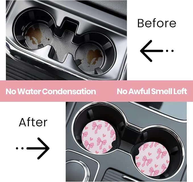 2 Pack Pink Bow Car Coasters for Women Car Cup Holder Coasters, 2.63 Inch Anti Slip Ceramic Absorbent Coaster with Cork Base and Finger Notch, Cute Car Accessories Interior