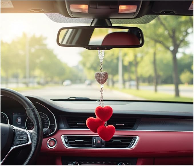 Frienda Red Car Rear View Mirror Accessories for Women Bling Heart Shaped Rhinestone Hanging Charm Sparkly Rear Mirror Ornament Pendant Gift for Girlfriend Wife Female Drivers Car Interior Decoration