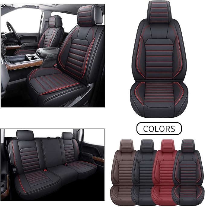 YIERTAI Compatible with Chevy Chevrolet Silverado GMC Sierra Seat Covers for 2007-2025 2026 1500/2500/3500HD Crew Double Cab Truck Waterproof Leather Car Seat Covers(5 PCS Full Set/Black-Red)