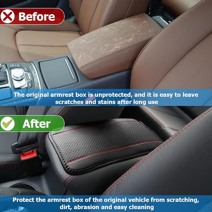 Auto Center Console Pad, PU Leather Car Armrest Seat Box Cover, Waterproof Non Slip Soft Armrest Box Cushion Protector, Car Accessories for Women Men, Universal for SUV, Truck, Van (Black/Red)