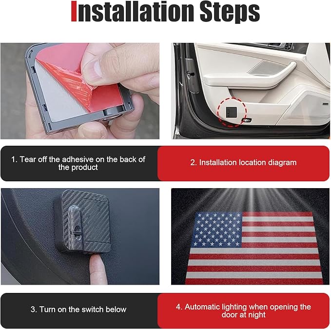 4 PCS Car Door Welcome Lights, Automotive Sill Decorative Ambient Lights, LED Projector Door Step Light with American Flag Pattern, Universal for Most Cars (Multicolored)