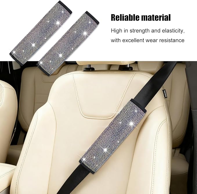 8PCS Bling Car Accessories Set, Sparkly Rhinestone Vehicle Steering Wheel Seat Belt Gear Shift Start Stop Button Cover, Diamond Auto Cup Holder Coaster Decoration, Universal Fit (Multicolor)