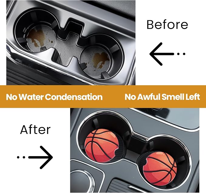 2 Pack Basketball Car Coasters for Men Women Car Cup Holder Coasters, 2.63 Inch Anti Slip Ceramic Absorbent Coaster with Cork Base and Finger Notch, Cute Fun Car Accessories Interior