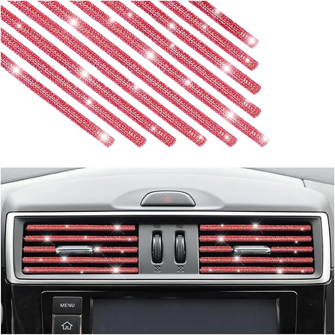 10 PCS Bling Car Air Vent Outlet Trim, Rhinestone Air Conditioner Decoration Strip for Vent Outlet, Universal Bendable Trim Interior Accessories for Most Air Vent Outlet (Red)