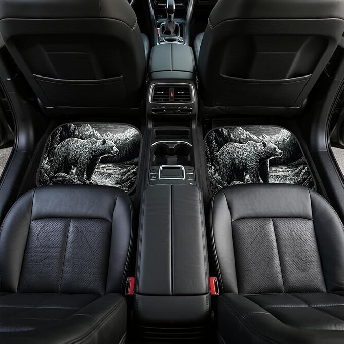Bear Car Floor Mats Set of 4 Mountain Moon Snow Stream Vintage Carpet Front Rear Carpets Mat Non-Slip Auto Car Accessories Universal Fit Car Accessories for Truck