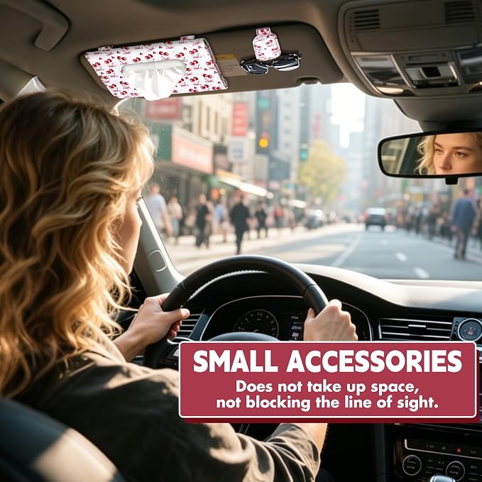 1Pcs Car Tissue Holder and 2 Pcs Sunglass Holder for Car,Magnetic Leather Sunglasses Holder Car Sun Visor Glasses Hanger Clip,Car Interior Accessories for Women(White Cherry)
