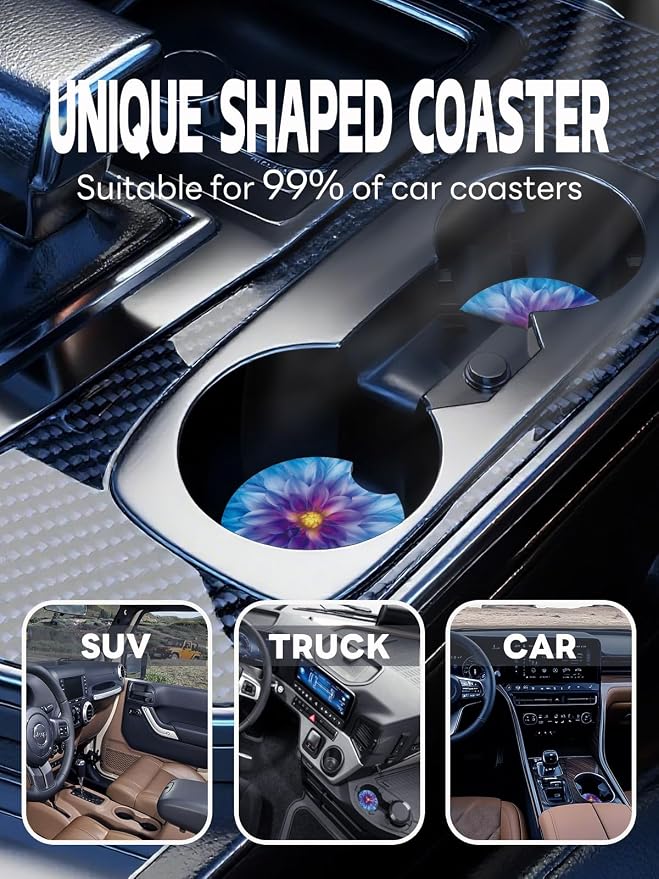 WOCOCN Car Coasters,Cup Holder Coasters for Car,2.75inch Anti Slip and Absorbent,Cute Automotive Interior Accessories for Cup Holder,Pack of 2 (Large Flowers)