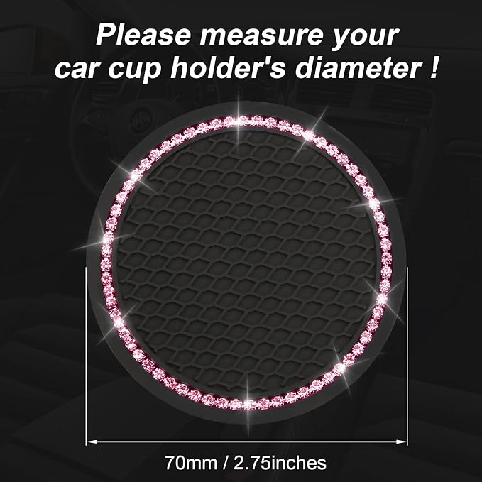 Yousheng 2PCS Bling Car Cup Coaster, Universal Holder Insert Rhinestone Anti Slip Silicone Accessories Suitable for Most Interior, Best Gift Women, Black and Pink