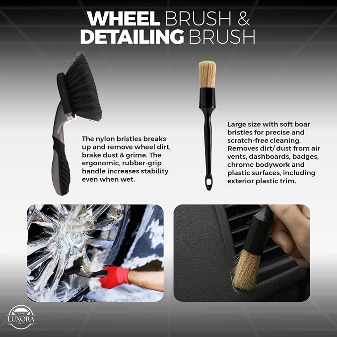 Car Cleaning Kit for Men | Premium Car Wheel Cleaning Brush, 300GSM Microfibre Waffle Weave Towels, 800GSM Coral Fleece Car Drying Towel
