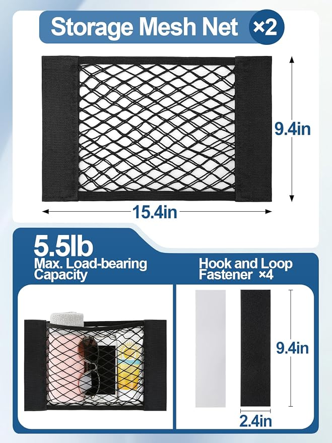 Bigmeta 2PCS RV Cargo Storage Mesh Net, Elastic Stretchable Netting Pocket with 4 Adhesive Strip Wall Sticker for SUV, Truck(15.4 x 9.4 Inch)