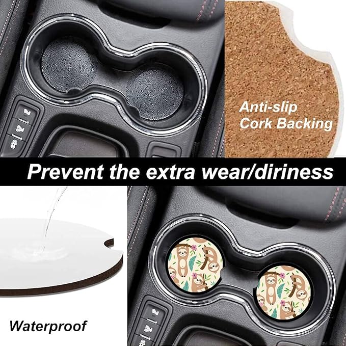 Absorbent Car Cupholder Coaster 2 Pack, Cute Car Coasters with a Finger Notch for Women & Men,2.56" Ceramic Stone & Non-Scratch Cork Base Drink Coasters, Cute Car Accessories Gifts (Cute Sloth)
