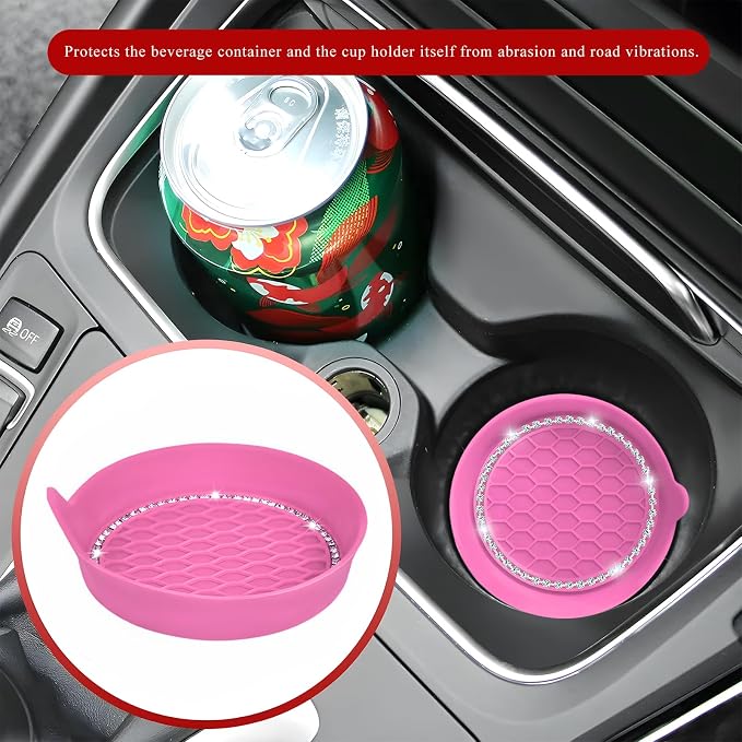 Sun Walker 4 PCS Bling Car Cup Holder Coaster, Non Slip Sparkly Rhinestone Cup Holder Pad Insert Coaster, Shockproof Silicone Shiny Embedded Drink Mat Interior Decor for Most Vehicles (Pink)